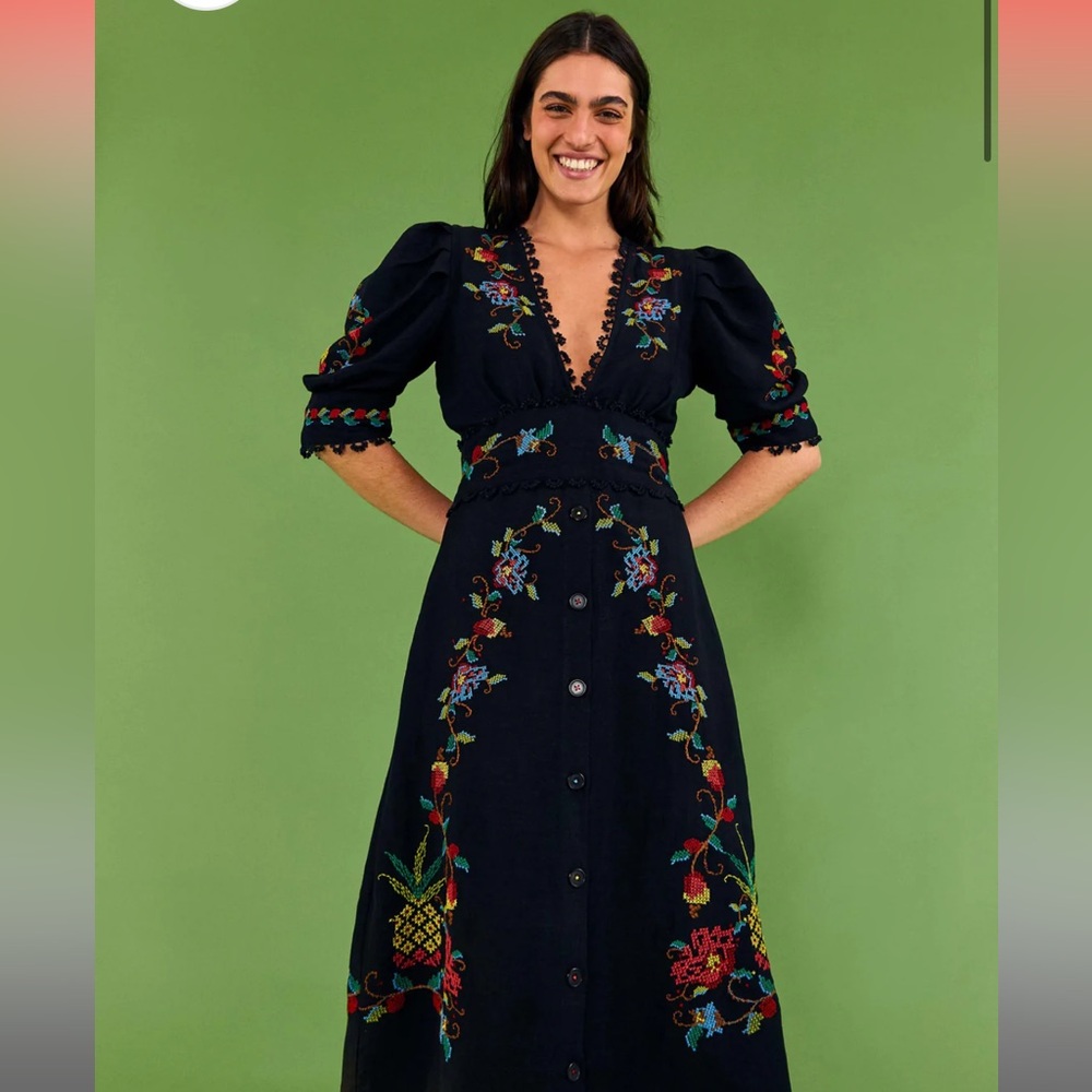 Farm rio black colorful embroidered midi dress s